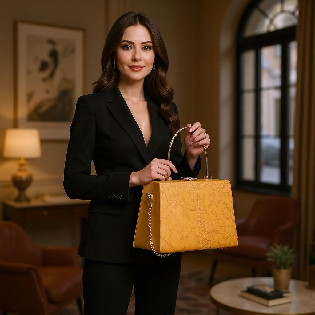 Golden Bloom Embossed Structured Handbag