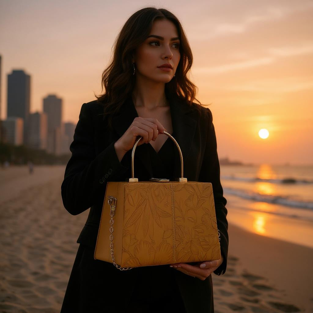 Golden Bloom Embossed Structured Handbag